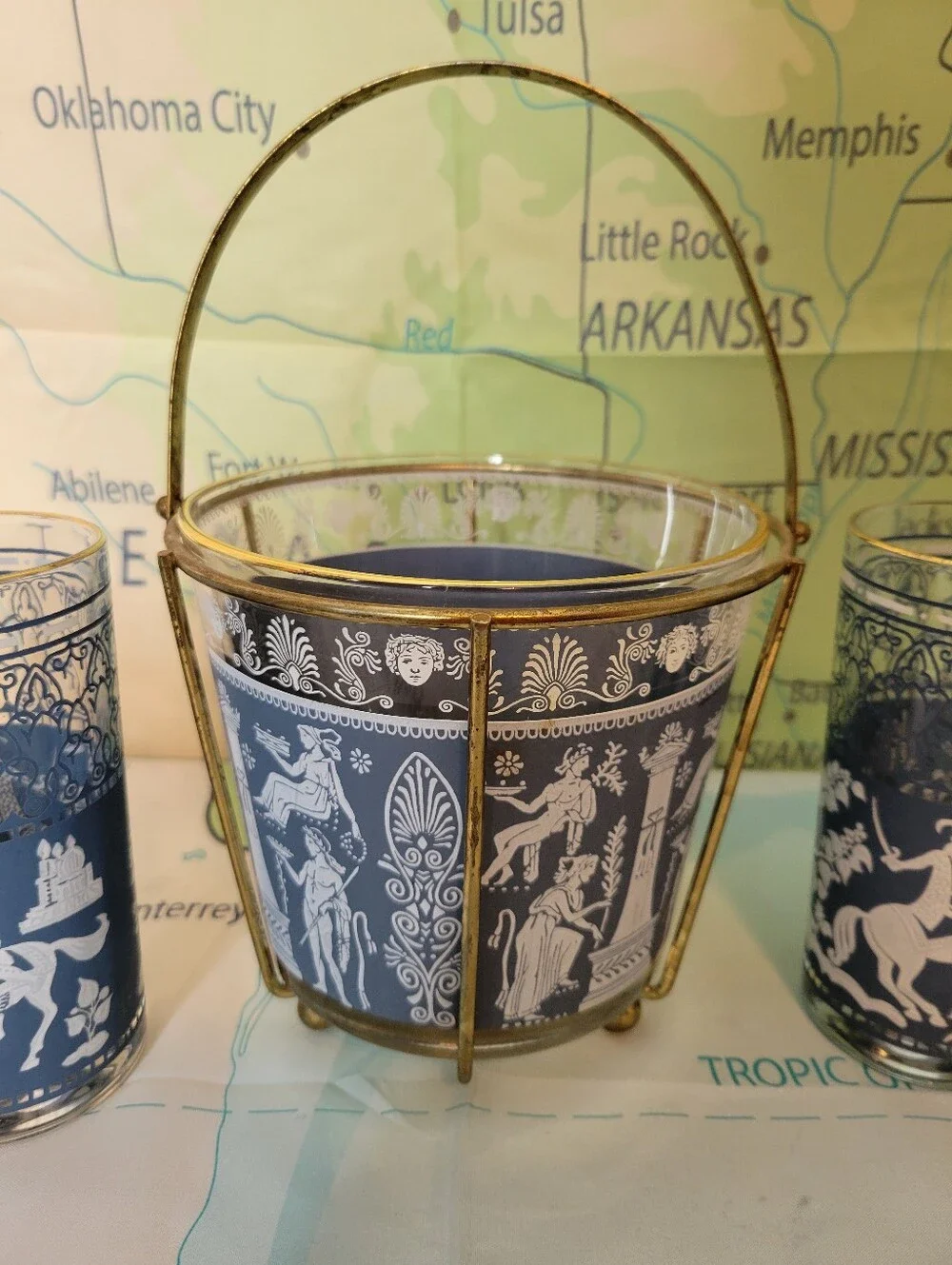 Vintage Weedgwood Portland Blue Style Ice Bucket With Glasses Set